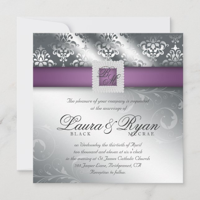 Elegant Wedding Damask Jewel Purple Silver Invitation (Front)