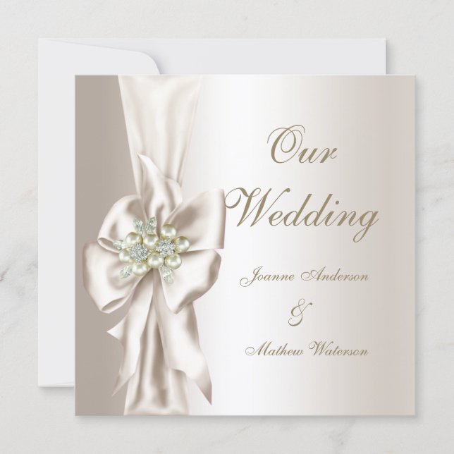 Elegant Wedding Damask Pearl Cream White Bow Invitation (Front)