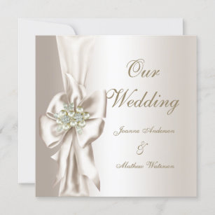 Elegant Wedding Damask Pearl Cream White Bow Invitation