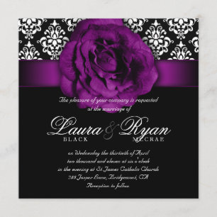 Elegant Wedding Damask Purple Rose Black White Invitation