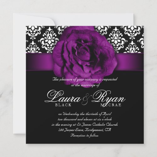 Elegant Wedding Damask Purple Rose Black White Invitation