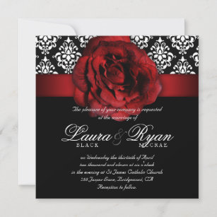 Elegant Wedding Damask Red Rose Black White Invitation