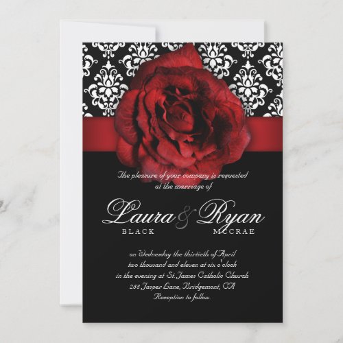 Elegant Wedding Damask Red Rose Black White Invitation