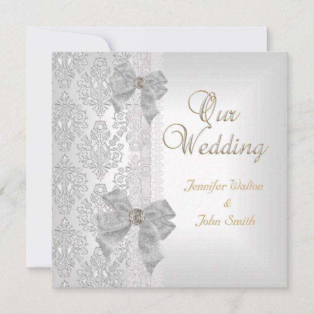 Elegant Wedding Damask Silver White Bow Set Invitation (Front)