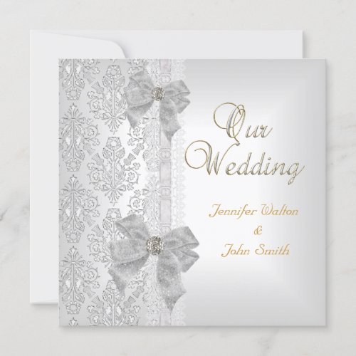 Elegant Wedding Damask Silver White Bow Set Invitation