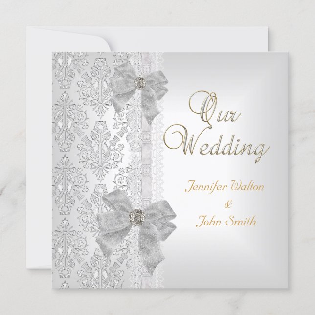 Elegant Wedding Damask Silver White Bow Set Invitation (Front)