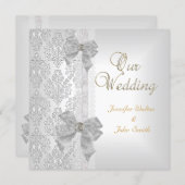 Elegant Wedding Damask Silver White Bow Set Invitation (Front/Back)