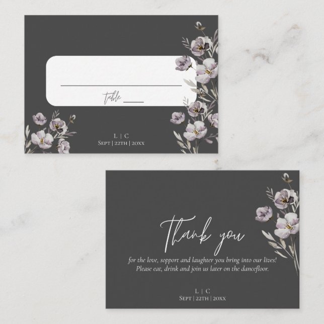 Elegant wedding dark gray watercolor thank you place card (Front/Back)