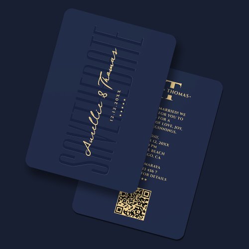 Elegant Wedding Dark Navy Gold Monogram Modern QR Save The Date