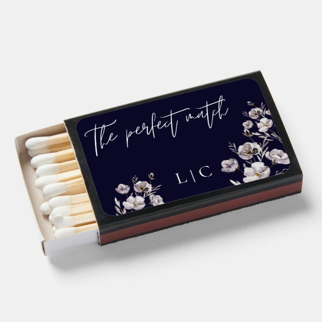 Elegant wedding dark navy watercolor flower matchboxes (Front Open)