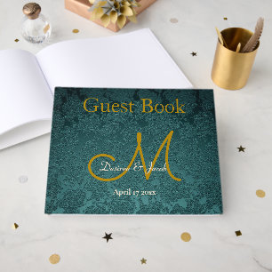 Elegant Wedding Dark Teal Gold Black Monogram Guest Book