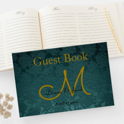 Elegant Wedding Dark Teal Gold Black Monogram Guest Book