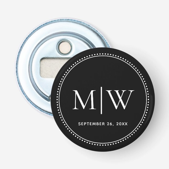 Elegant Wedding Date Couple Monogram Black Bottle Opener (Front)
