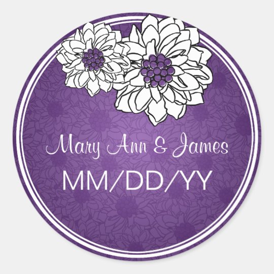 Elegant Wedding Date Dahlia Floral Purple Classic Round Sticker