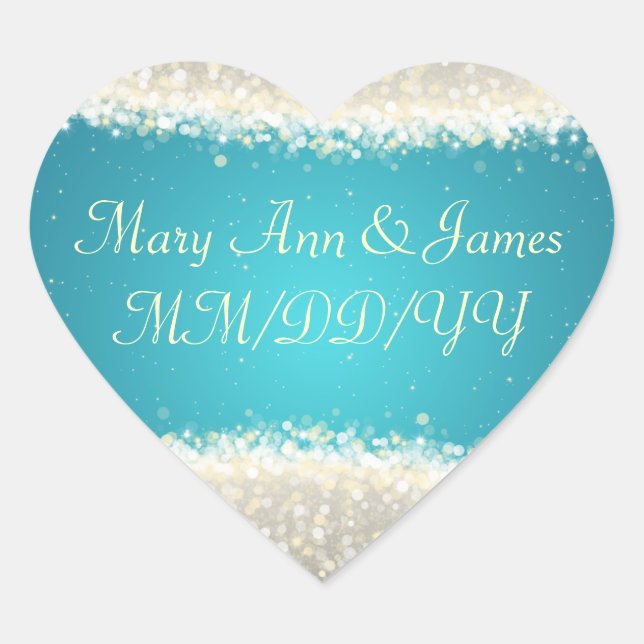 Elegant Wedding Date Dazzling Sparkles Turquoise Heart Sticker (Front)