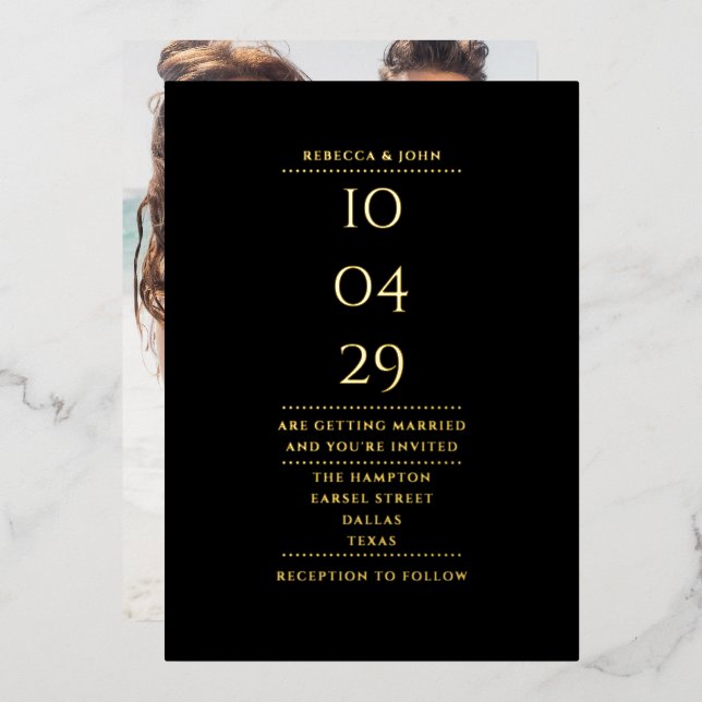 Elegant Wedding Date Photo Black And Gold Foil Invitation (Front/Back)