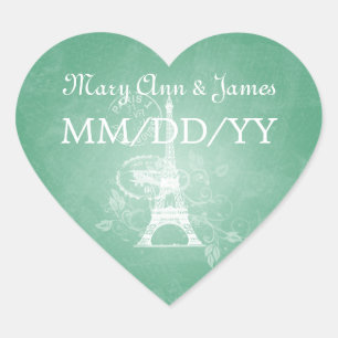 Elegant Wedding Date Romantic Paris Mint Green Heart Sticker