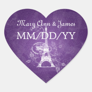 Elegant Wedding Date Romantic Paris Purple Heart Sticker
