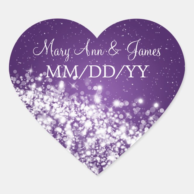 Elegant Wedding Date Sparkling Wave Purple Heart Sticker (Front)