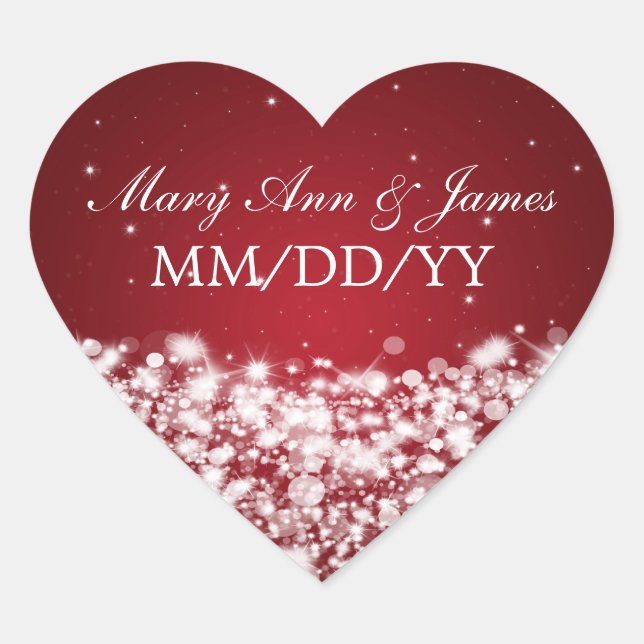 Elegant Wedding Date Star Sparkle Red Heart Sticker (Front)