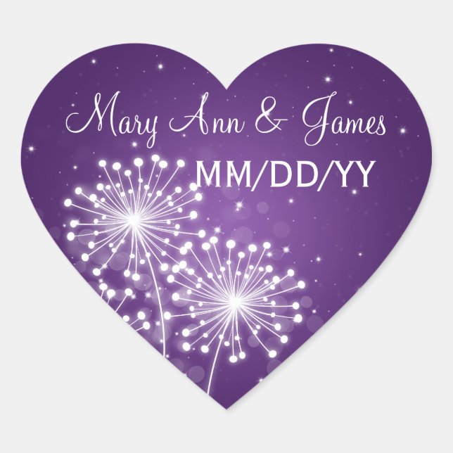 Elegant Wedding Date Summer Sparkle Purple Heart Sticker (Front)
