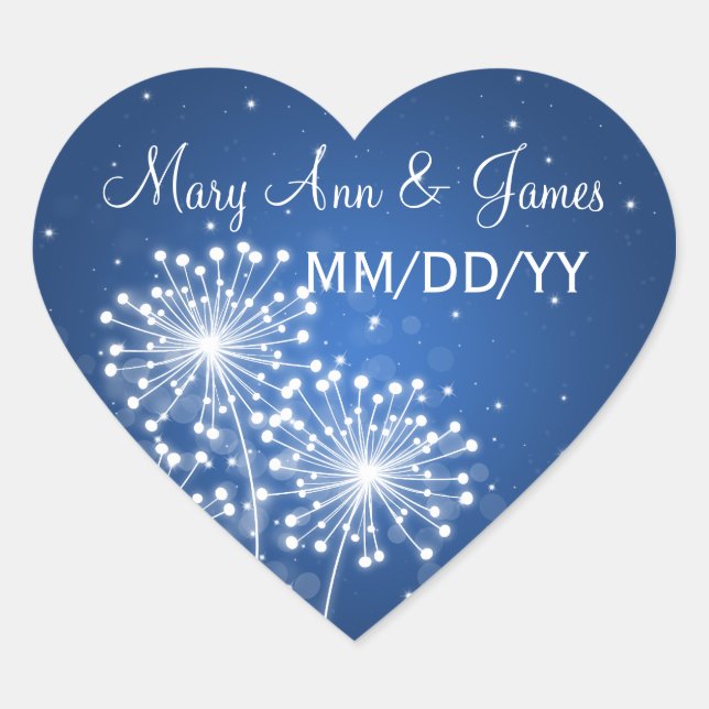 Elegant Wedding Date Summer Sparkle Sapphire Blue Heart Sticker (Front)