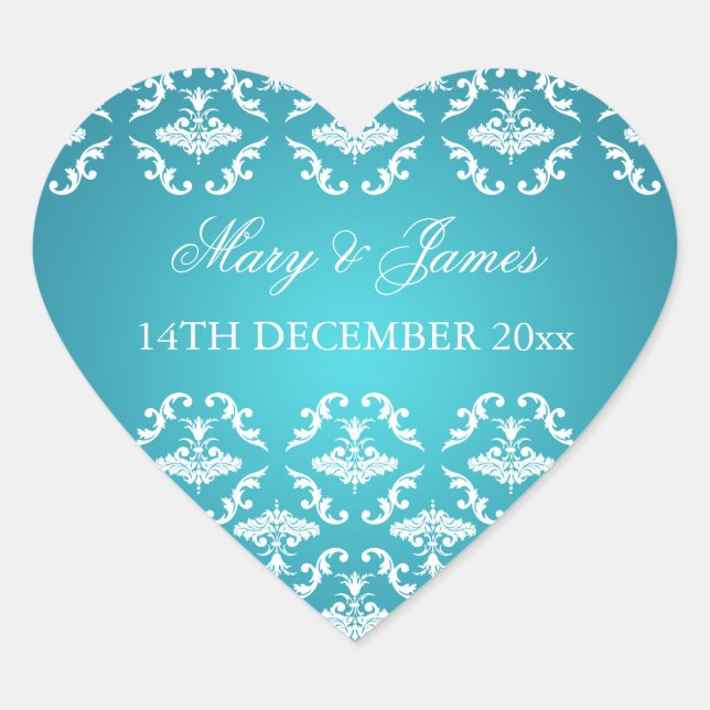 Elegant Wedding Date Vintage Damask Blue Heart Sticker (Front)