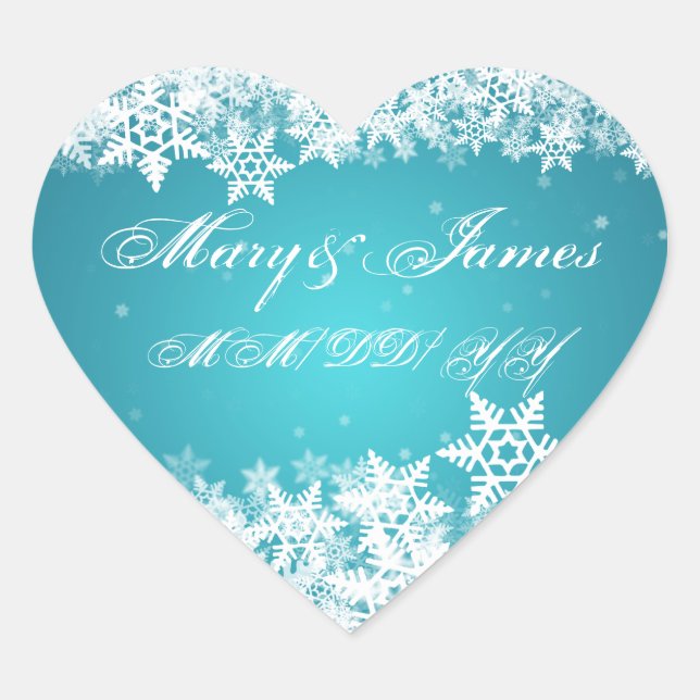 Elegant Wedding Date Winter Snowflakes Blue Heart Sticker (Front)