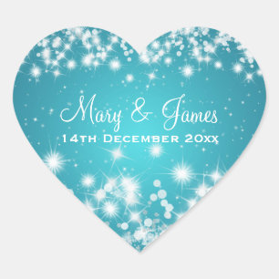 Elegant Wedding Date Winter Sparkle Blue Heart Sticker