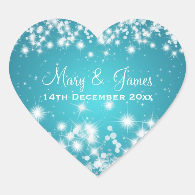 Elegant Wedding Date Winter Sparkle Blue Heart Sticker (Front)