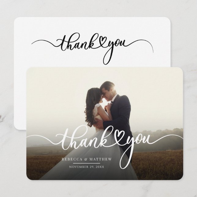 Elegant Wedding Day Photo Hand-Lettered Thank You Note Card (Front/Back)