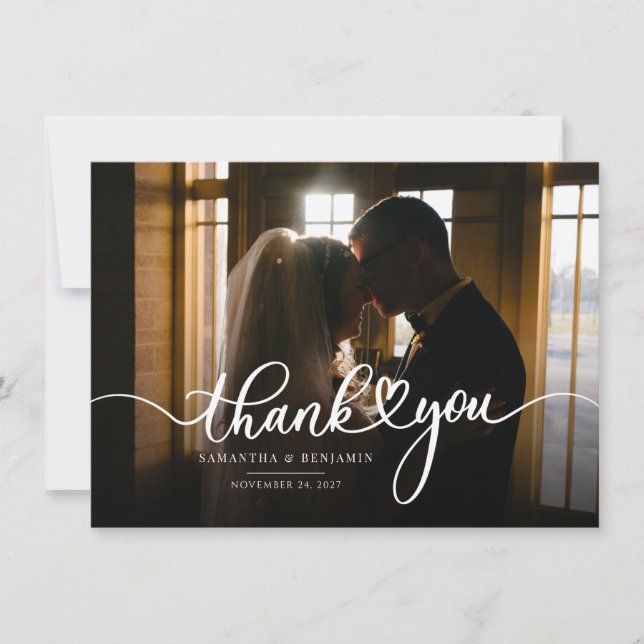 Elegant Wedding Day Photo Script Thank You Note Card (Front)