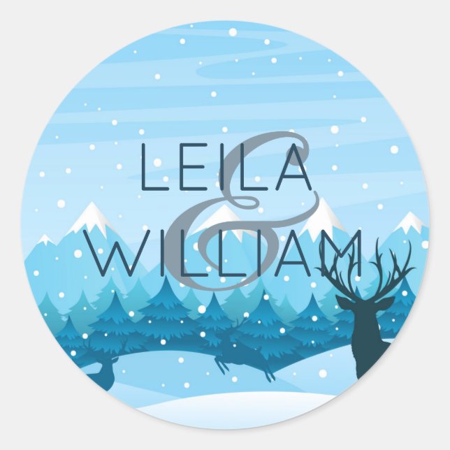 Elegant Wedding design Blue Classic Round Sticker (Front)