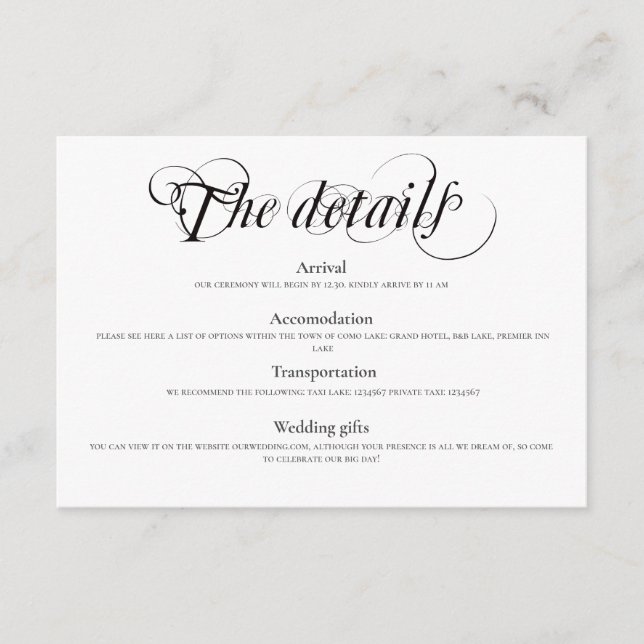 Elegant Wedding Details Accommodation  Enclosure Card (Front)