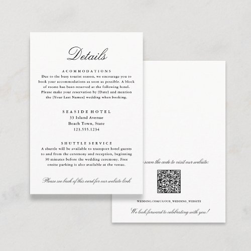 Elegant Wedding Details Hotel Info QR code Enclosure Card