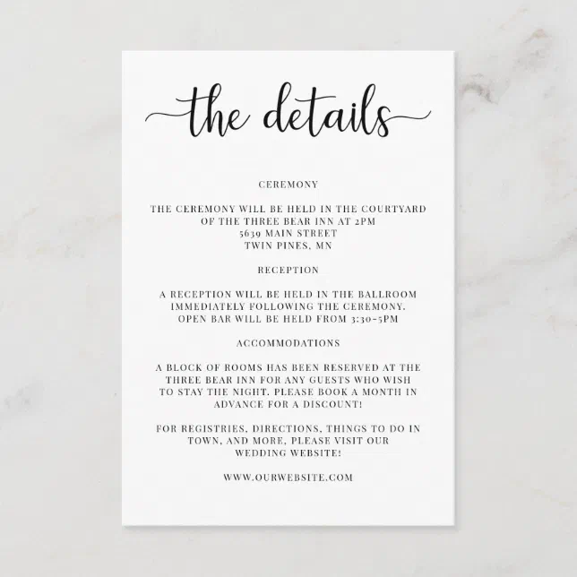 Elegant Wedding Details Invitation Insert