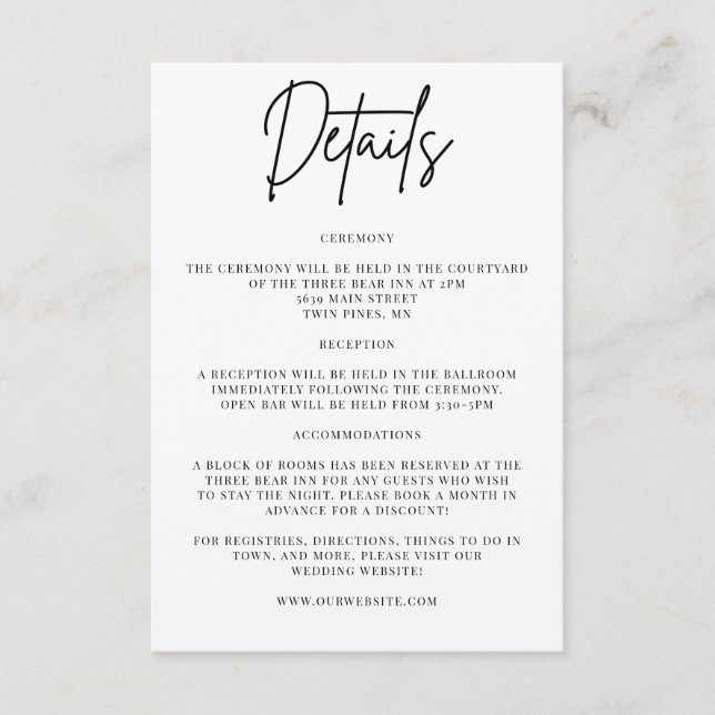 Elegant Wedding Details Invitation Insert (Front)