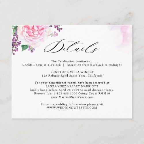 Elegant Wedding Details Joyful Pink Purple Floral Enclosure Card