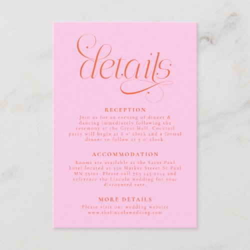 Elegant Wedding Details Orange Pink Enclosure Card