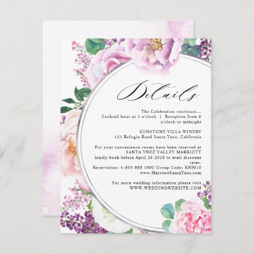 Elegant Wedding Details Pink and Purple Floral Enclosure Card