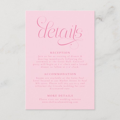 Elegant Wedding Details Pink Enclosure Card