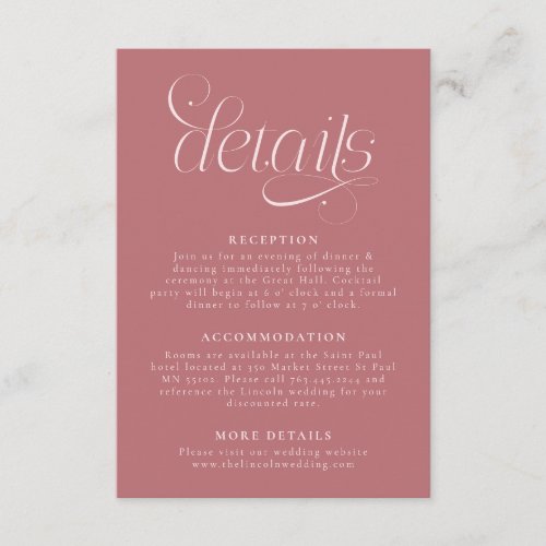 Elegant Wedding Details Pink Enclosure Card