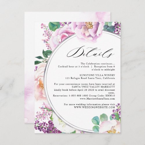 Elegant Wedding Details Purple and Pink Floral Enclosure Card