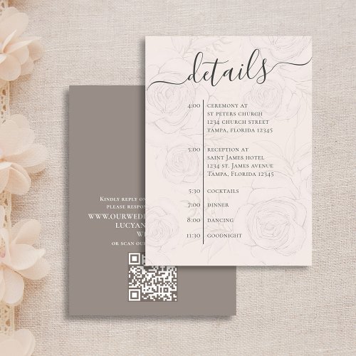 Elegant Wedding Details QR Code Blush Floral  Enclosure Card