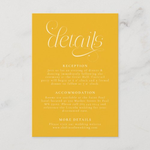 Elegant Wedding Details Yellow Enclosure Card