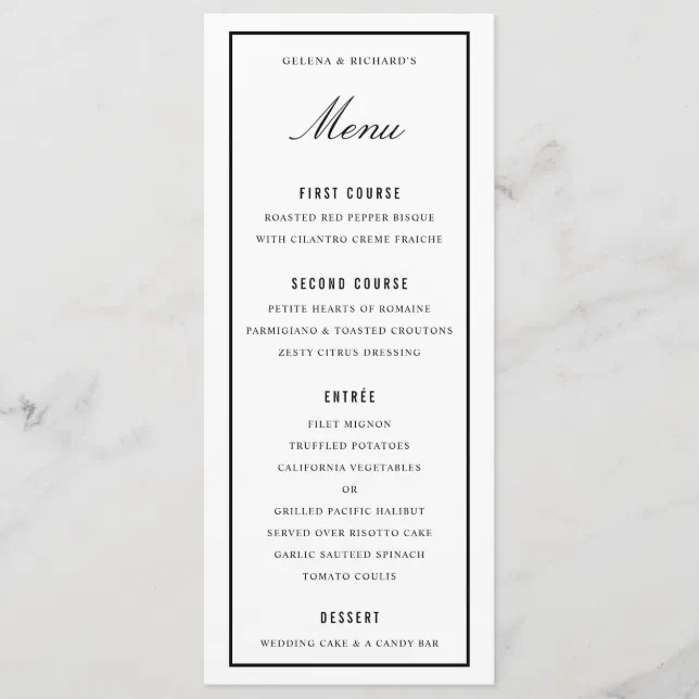 Elegant Wedding Dinner Black White Thick Border Menu | Zazzle