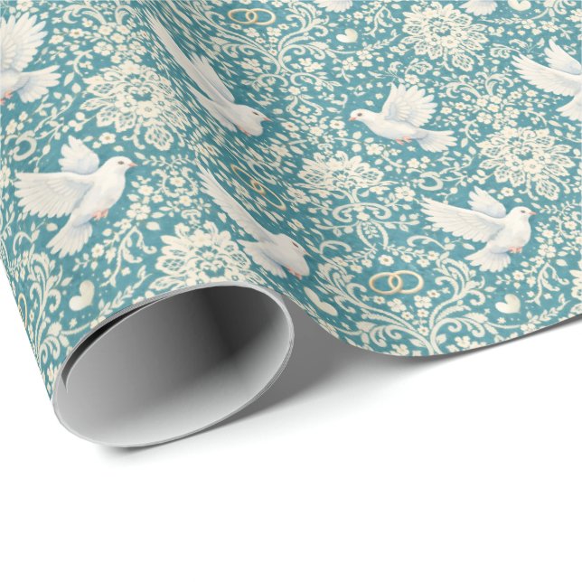Elegant wedding doves lace rings wrapping paper (Roll Corner)
