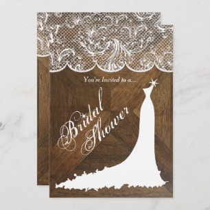 Elegant Wedding Dress and Lace on Barn Wood Invitation