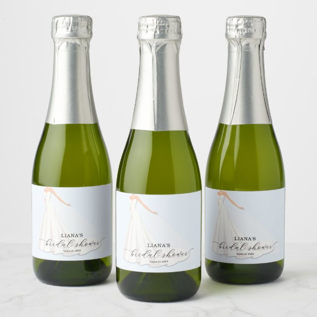 Elegant Wedding Dress Bridal Shower Blue Mini Sparkling Wine Label (Bottles)
