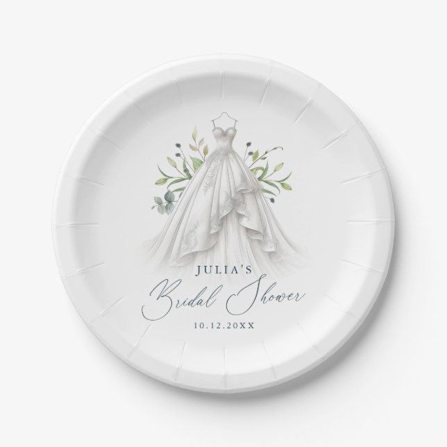 Elegant Wedding Dress Bridal Shower Paper Plates (Front)